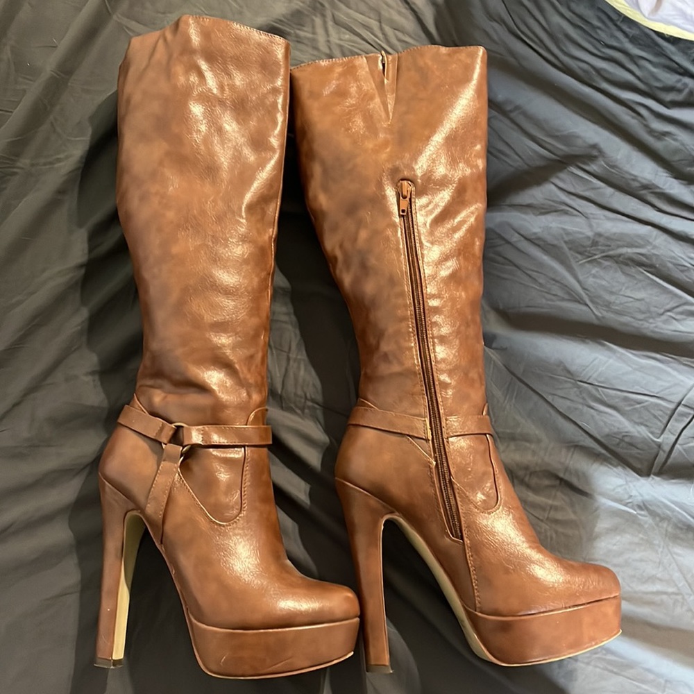 Tall brown knee high vegan leather heeled boots